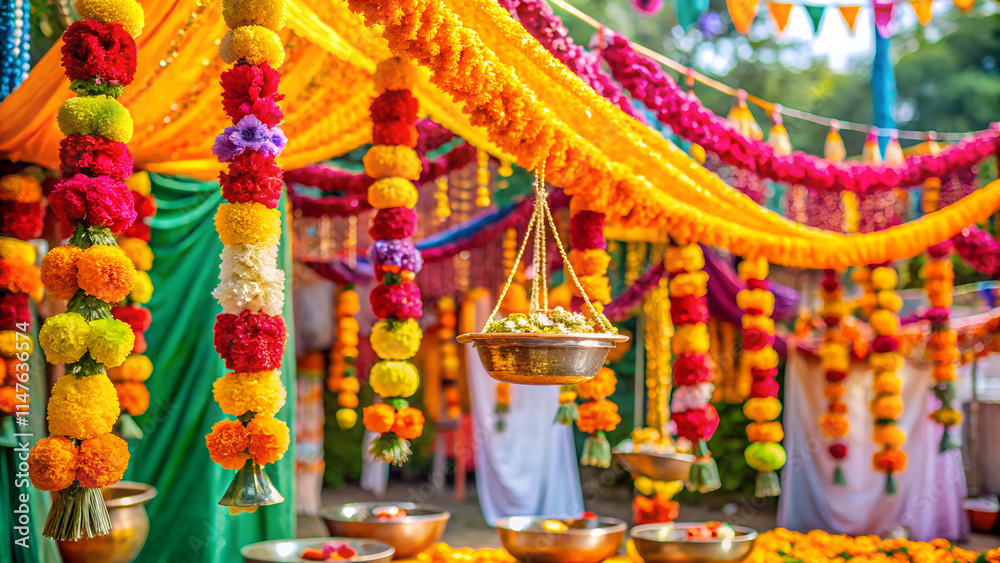 Vibrant Holi festival decorations with marigold garlands and colorful drapes in bright outdoor setting