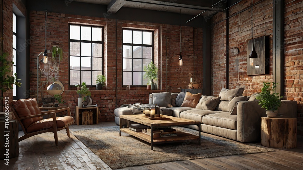 Rustic modern living room with exposed brick walls, reclaimed wood furniture, textured sofas, and industrial accents, ultra-detailed 3D render. Rustic modern living room with exposed brick walls, reclaimed wood furniture, textured sofas, and industrial accents, ultra-detailed 3D render.