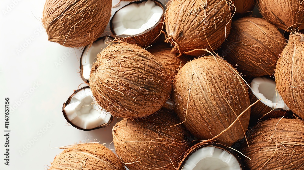 Pile of coconuts on a white background, overhead shot, bright and clean, sharp focus, high key lighting, minimalist style, natural colors Pile of coconuts on a white background, overhead shot, bright and clean, sharp focus, high key lighting, minimalist style, natural colors