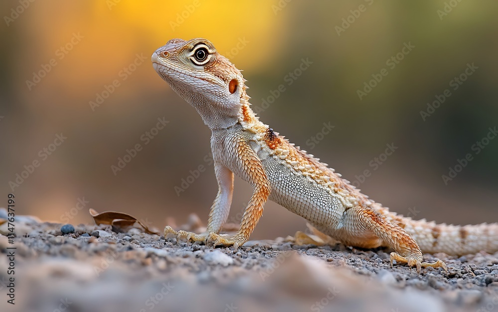 A small lizard with orange and white scales sits on the ground, looking upward against a blurred background. A small lizard with orange and white scales sits on the ground, looking upward against a blurred background.