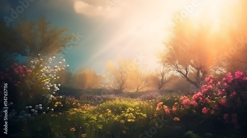 Sunlit meadow with flowering plants and trees at dawn.