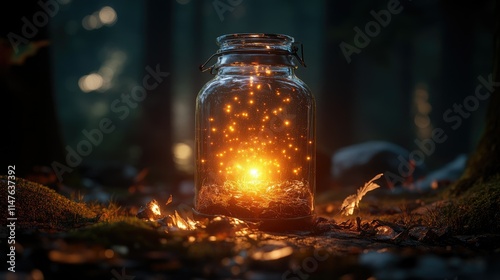 Glowing fireflies trapped in a glass jar in a dark forest.