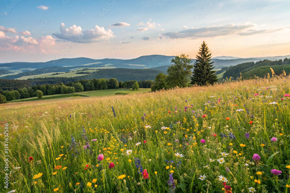Fototapeta premium Bountiful Meadow: A Serene Landscape of Wildflowers and Greenery by Generative AI