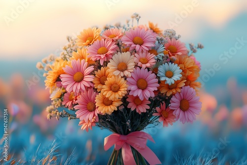 A bouquet of colorful daisies and chrysanthemums tied with a pink ribbon, with the background featuring a blurred pastel sky-blue grassland. The overall composition is soft in color tone photo