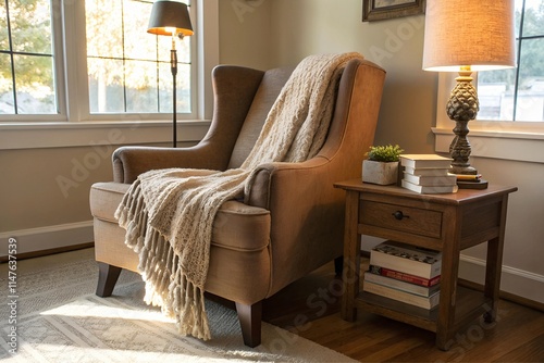 A comfortable reading nook with a tan armchair, a knitted throw blanket, a wooden side table, books, and warm light from two lamps, set by a bright window.