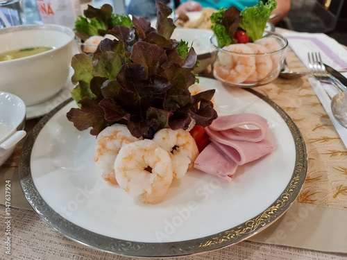 Shrimps stake with vegetables photo