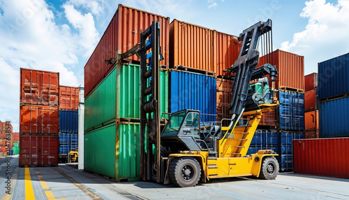 Industrial Forklift Managing Stacked Colorful Shipping Containers