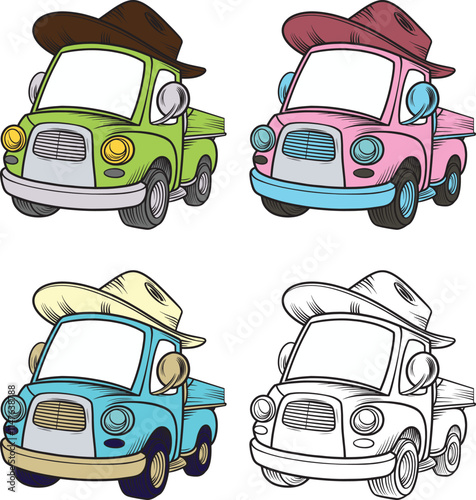 Cute Vintage Cartoon Pickup Trucks with Cowboy Hats in Various Colors and Outline bundle