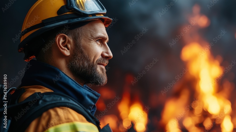 Brave Firefighter in Protective Gear Facing Intense Blaze with Flames in Background Brave Firefighter in Protective Gear Facing Intense Blaze with Flames in Background