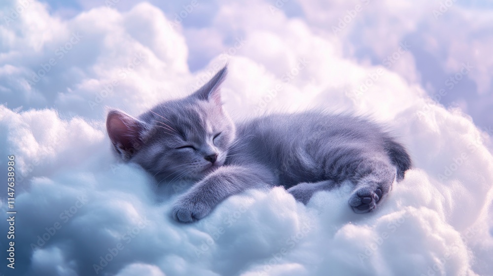 Gray kitten lying on a fluffy cloud, dreamy and surreal, pastel skies Gray kitten lying on a fluffy cloud, dreamy and surreal, pastel skies