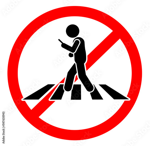 A warning sign that says using a phone while walking on a zebra crossing or crosswalk is not allowed.