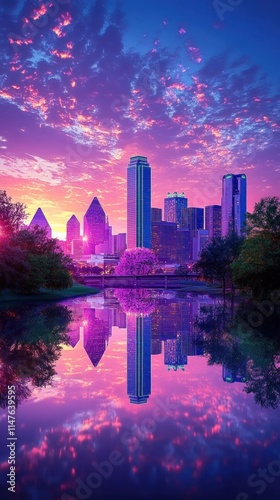 Dallas Skyline Reflecting in Water at Sunset