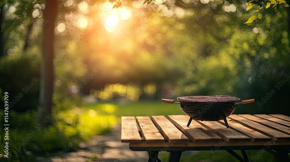 summer time in backyard garden with grill BBQ, wooden table, blurred background summer time in backyard garden with grill BBQ, wooden table, blurred background