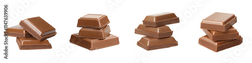 Cubes of milk chocolate bar isolated on transparent background