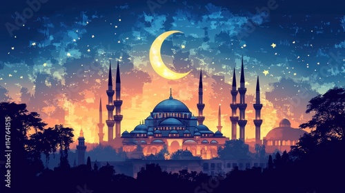 Majestic mosque at sunset under crescent moon and starry night sky. photo