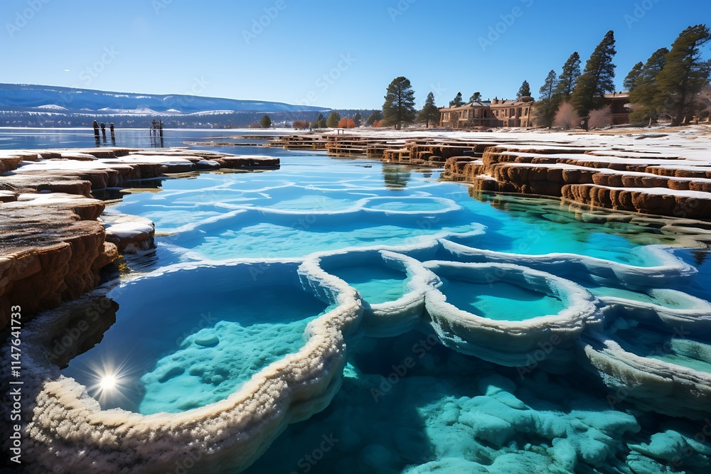 Crystal-clear turquoise water pools in a unique rock formation near a lake under a sunny sky. Crystal-clear turquoise water pools in a unique rock formation near a lake under a sunny sky.