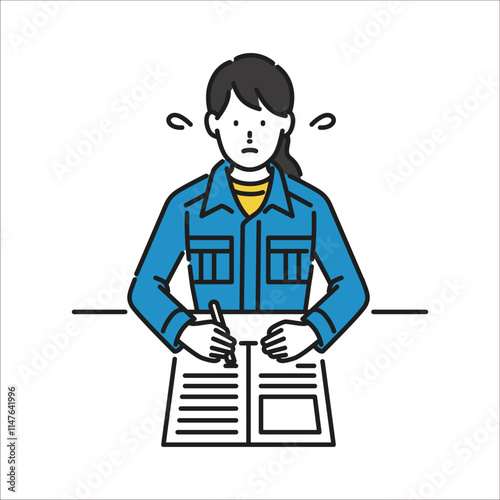 書類を書いている作業服を着た女性のイラスト