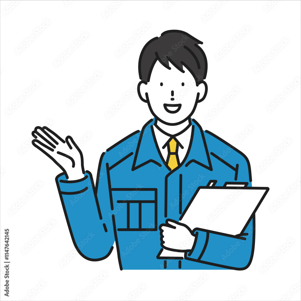 イラスト素材: バインダーを持って案内する男性作業員
イラスト素材: バインダーを持って案内する男性作業員