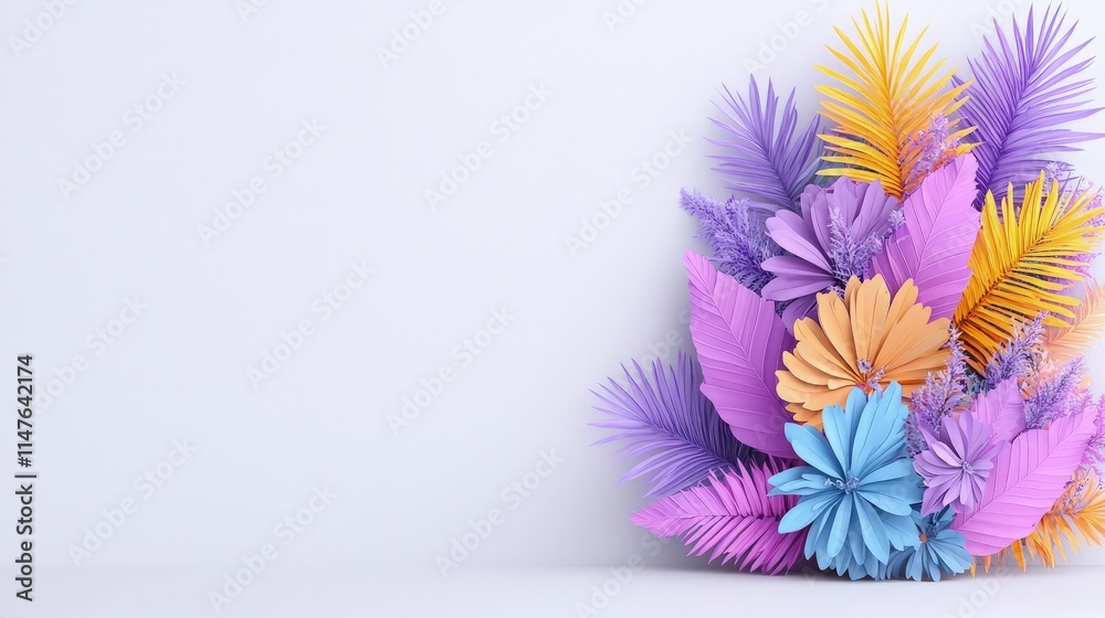 Obraz premium Colorful paper flowers and palm leaves arranged on a clean white background with copy space.