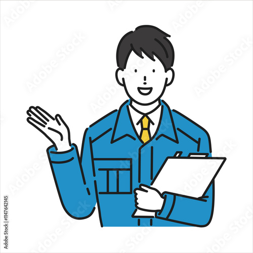イラスト素材: バインダーを持って案内する男性作業員
