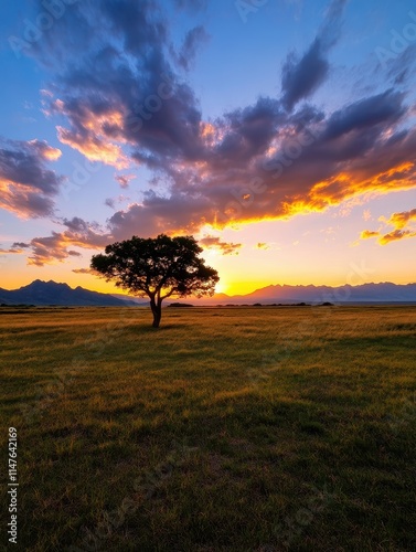 Sunset over a lone tree open field nature photography golden hour landscape serenity