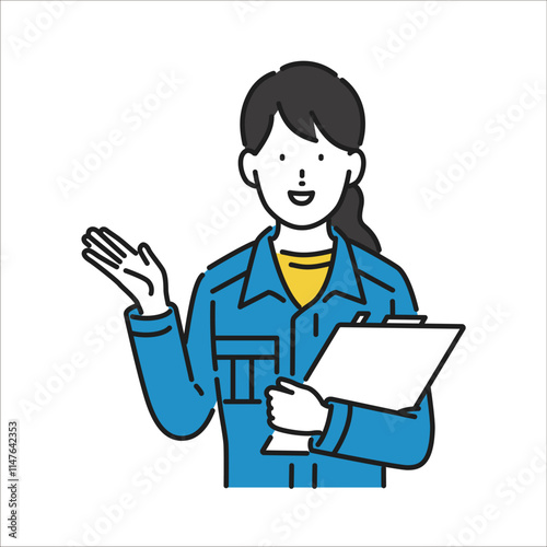 イラスト素材: バインダーを持って案内する女性作業員
