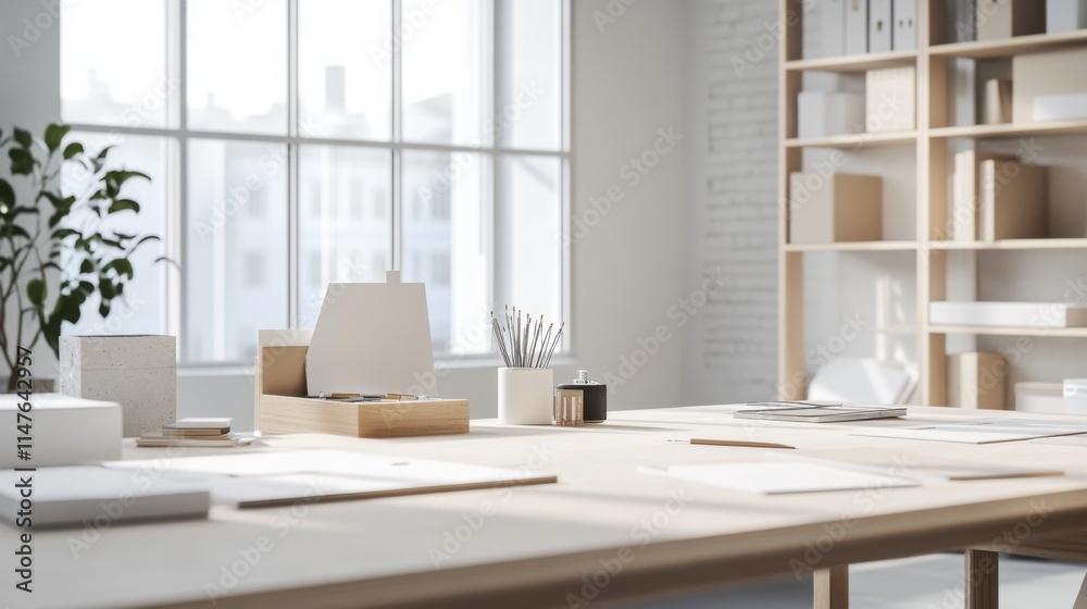 Minimalist modern craft studio with clean, creative design. Featuring neutral tones and sleek workspaces Minimalist modern craft studio with clean, creative design. Featuring neutral tones and sleek workspaces