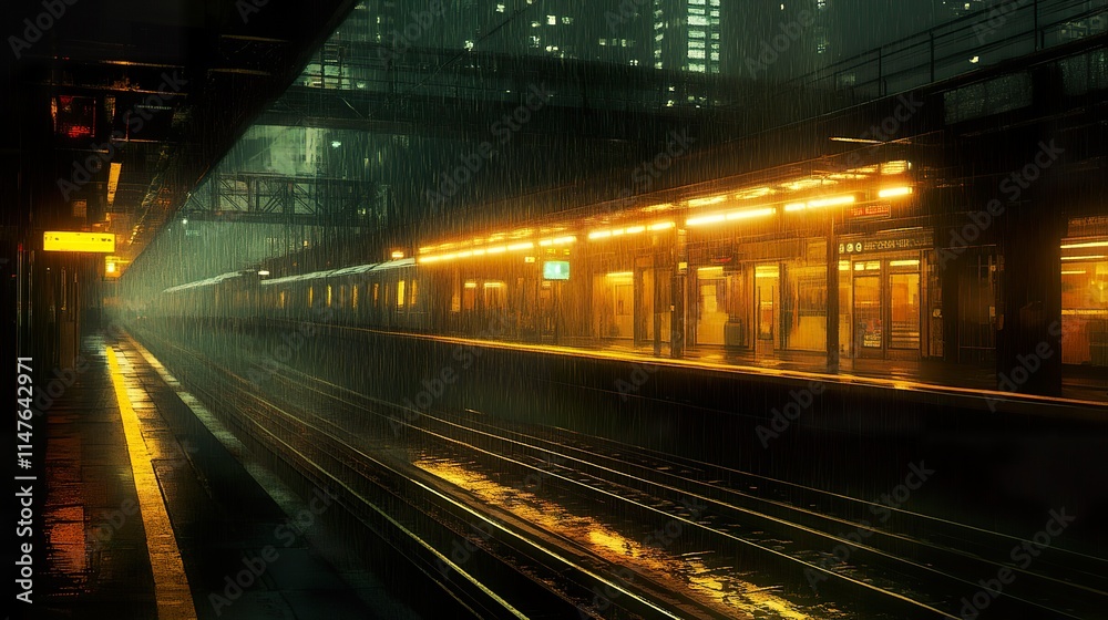Rainy night at a subway station platform with a train arriving, showcasing urban city lights and rain. Rainy night at a subway station platform with a train arriving, showcasing urban city lights and rain.