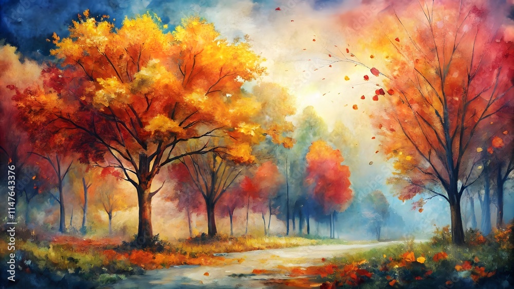 Watercolor paint art texture autumn landscape with trees Watercolor paint art texture autumn landscape with trees