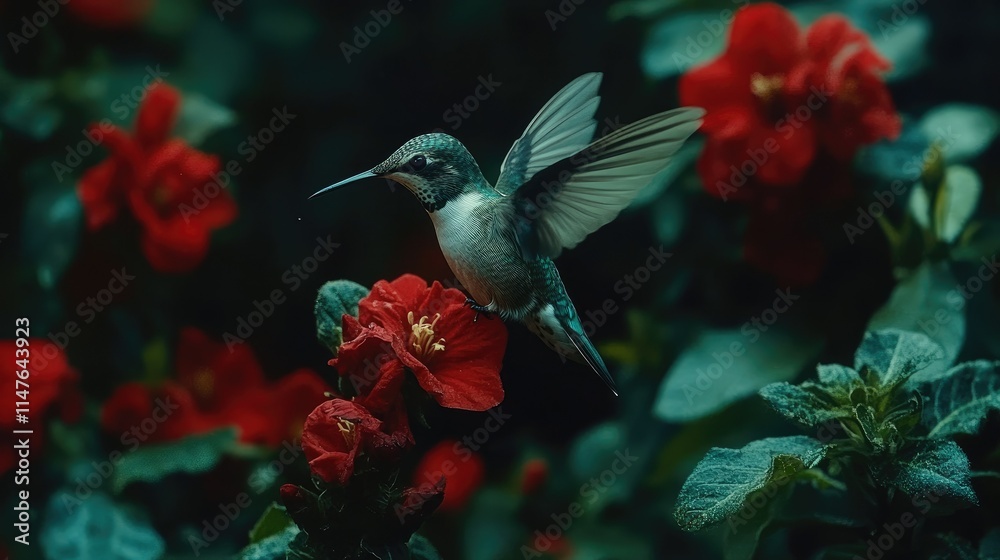 Fototapeta premium Hummingbird hovering near red flowers.