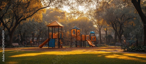 Sunny park playground with colorful playset under trees.