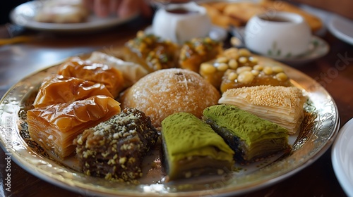 A beautifully arranged plate of traditional Arabic desserts like baklava and maamoul. photo