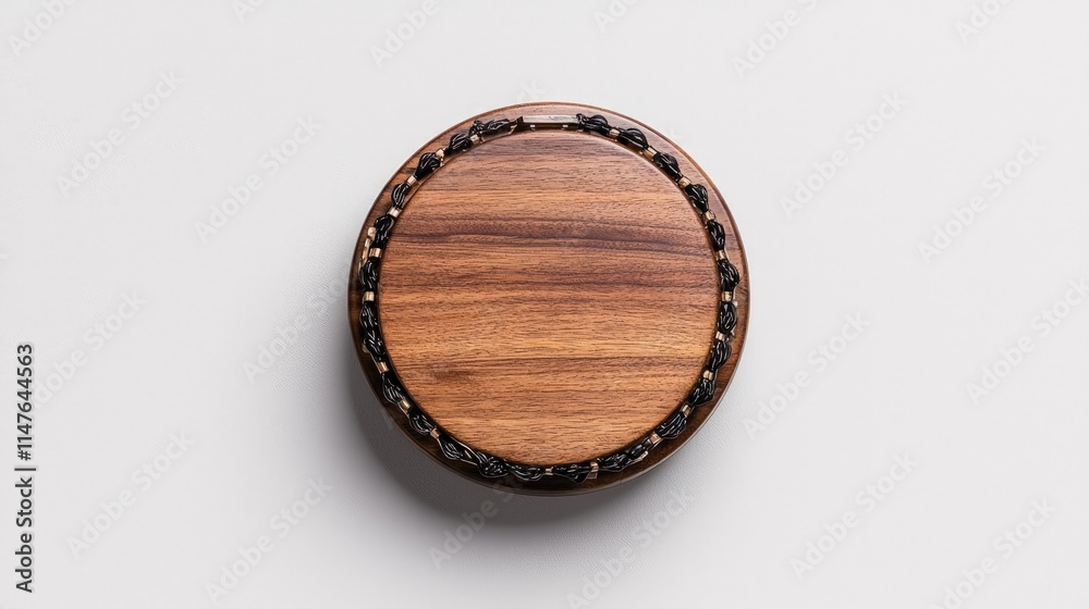 Round wooden coaster with dark brown trim on white background. Round wooden coaster with dark brown trim on white background.