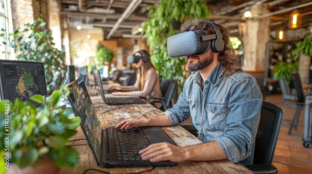 Man using VR headset at shared workspace with colleagues. Man using VR headset at shared workspace with colleagues.