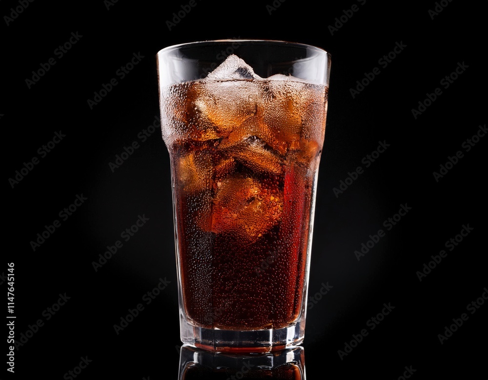 Glass of cola with ice on black background