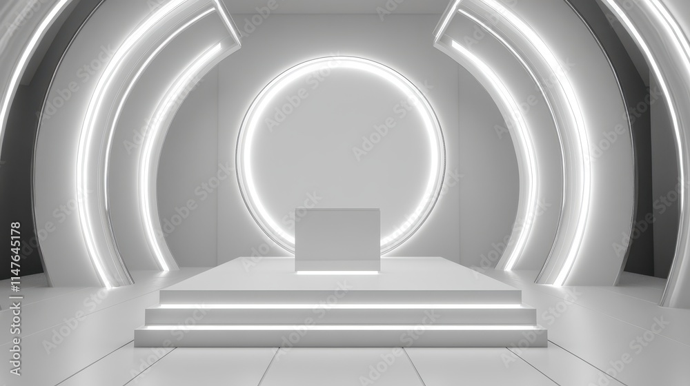 Fototapeta premium Modern Minimalist White Stage with Neon Lighting