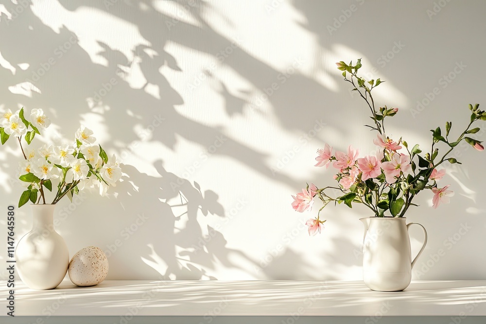 Fototapeta premium Table background of free space and kitchen interior.White wall with shadows and sunny warm morning time.Copy space for your composition, Easter table with spring flowers in a sunny April kitchen. 