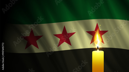 Vector dark wavy new flag of Syrian Arab republic. Damascus. Brightly burning candle. Mourning and sadness. Banner of suffering.