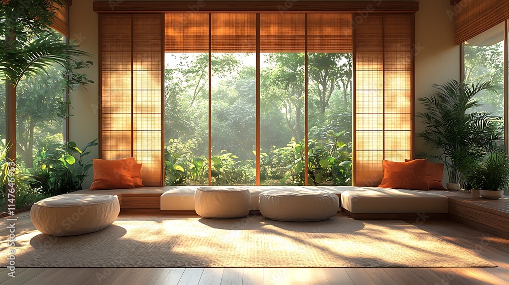 Japanese Zen style living room with nature view. Concept of tranquility, relaxation, and harmony. Japanese Zen style living room with nature view. Concept of tranquility, relaxation, and harmony.