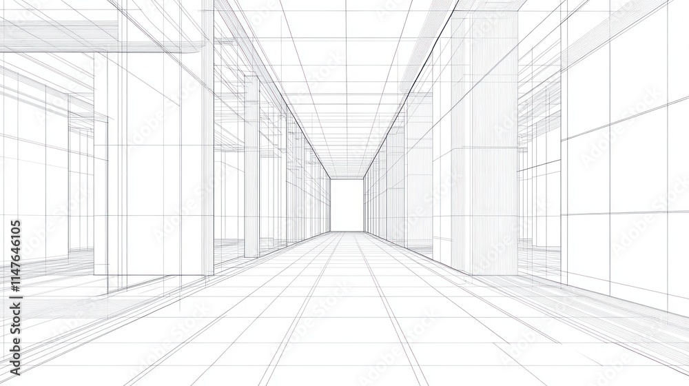 Wireframe rendering of a long hallway. Wireframe rendering of a long hallway.