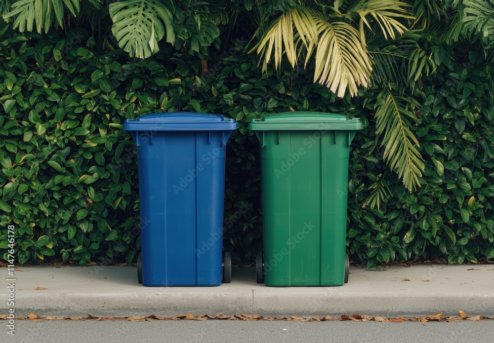 Colorful Recycling Bins Surrounded by Lush Green Foliage Colorful Recycling Bins Surrounded by Lush Green Foliage