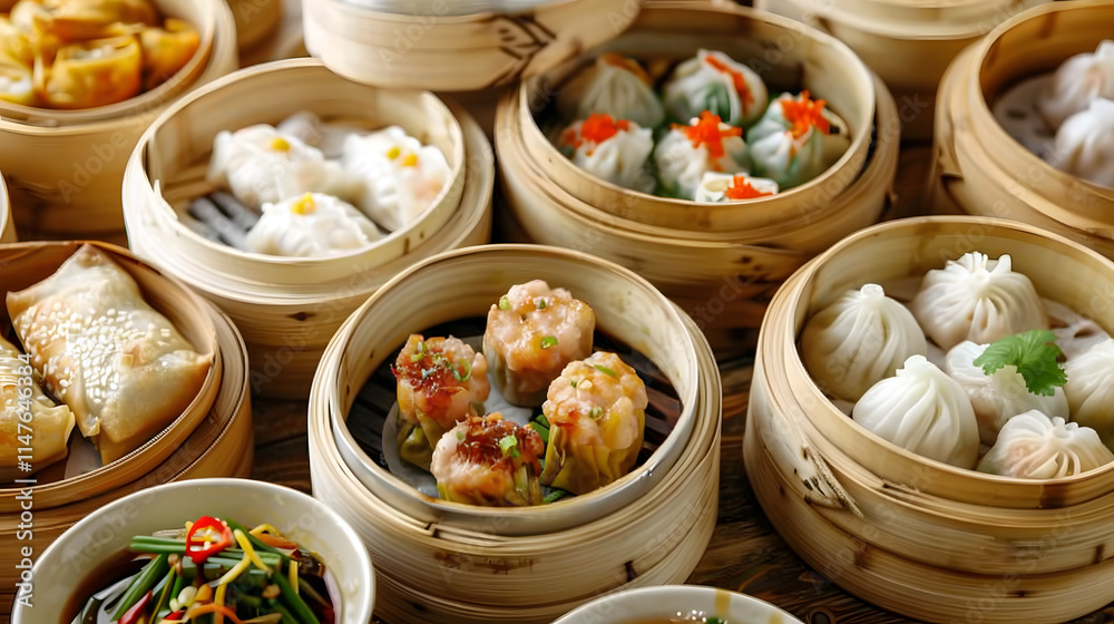 Dim sum baskets filled with dumplings and other delicacies Dim sum baskets filled with dumplings and other delicacies