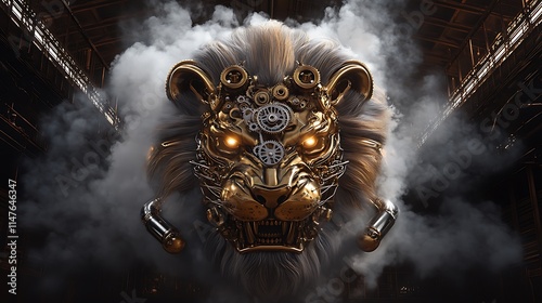 Steampunk Lion Head 3D Render Emerging from Smoky Industrial Setting AI Generated photo