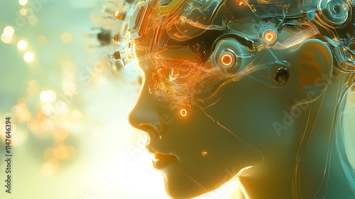Digital artwork depicting a cyborg's profile illuminated with warm golden hues suggesting a fusion of tech.