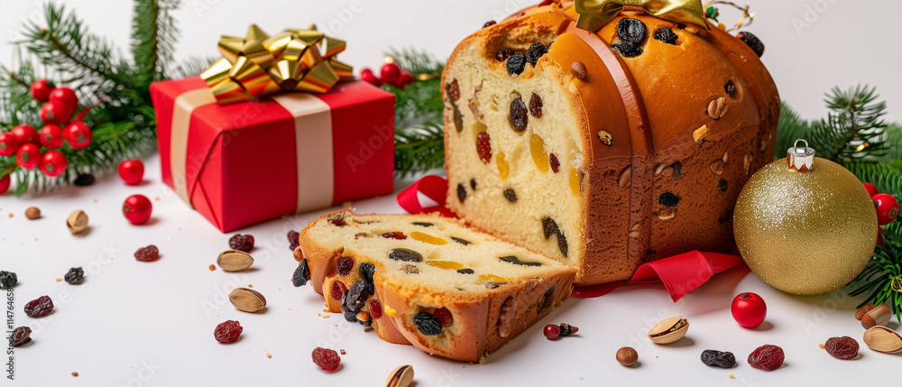 An elegant Panettone Christmas cake, sliced to highlight its fluffy interior with colorful dried fruit and nuts. An elegant Panettone Christmas cake, sliced to highlight its fluffy interior with colorful dried fruit and nuts.