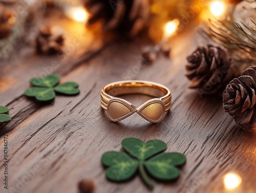 A detailed shot of a gold Claddagh ring with a heart motif placed on a wooden surface, surrounded by green shamrocks, pinecones, and warm festive lights photo