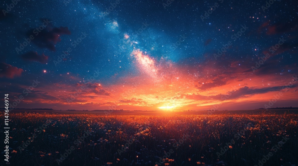 Naklejka premium Sunset, starry sky, wildflowers, vibrant colors.
