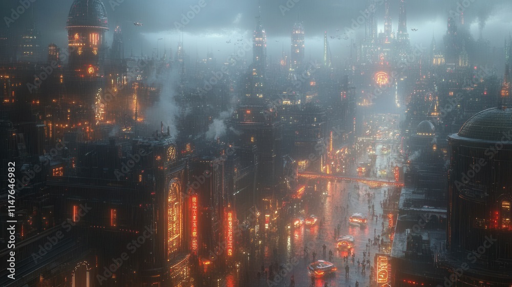 Fototapeta premium A futuristic cityscape illuminated by neon lights and shrouded in mist.