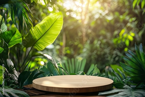 table top wood podium counter in tropical outdoor nature garden forest jungle green plant with golden sunlight background. healthy natural product placement promotion display.spring or summer scene.  photo