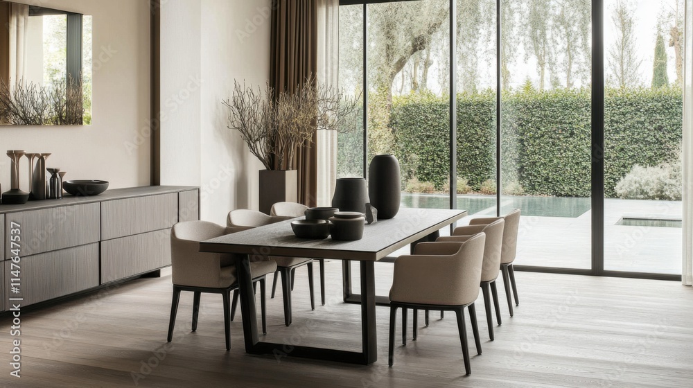 Fototapeta premium Minimalist modern dining room with clean, elegant design. Featuring neutral tones and sleek dining furniture
